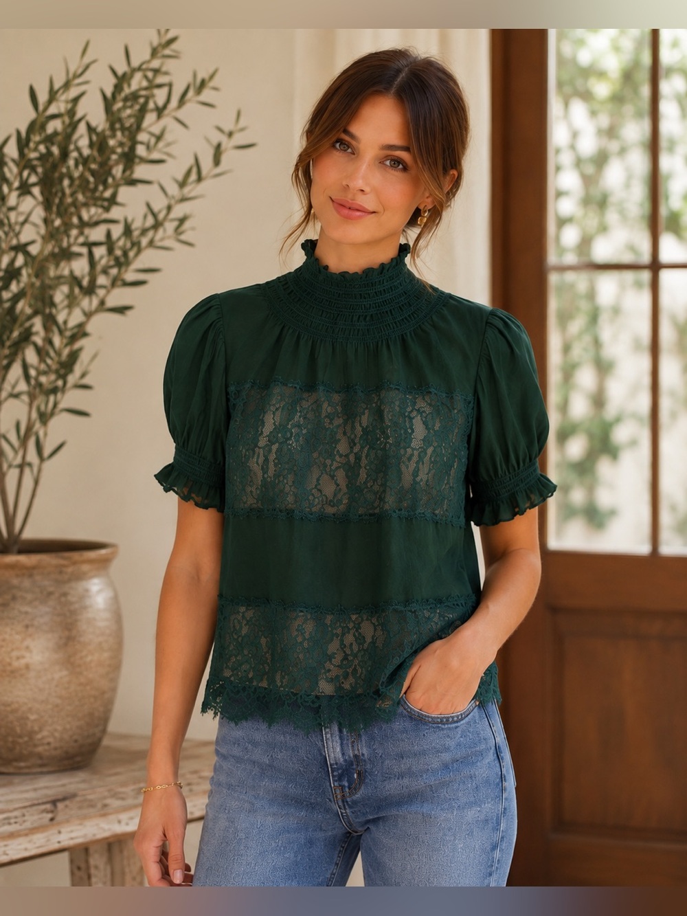 Anthropologie Forest Green Lace Smocked Puff Sleeve Blouse XXS Fits XS/S